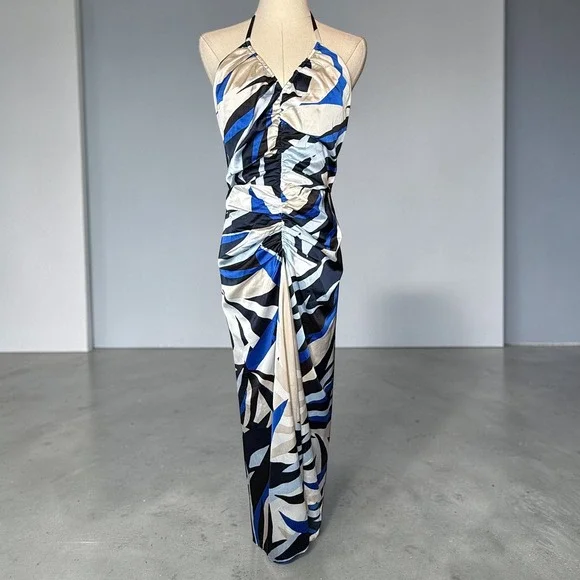 White House Black Market Satin Halter Maxi Dress in Bay Palms Ecru / Blue size 4 - Picture 2 of 7